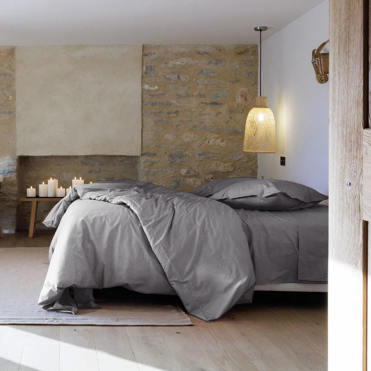 Parure De Lit 200x200 Cm Set 65x65 Cm Percale Manoir Gris Ardoise