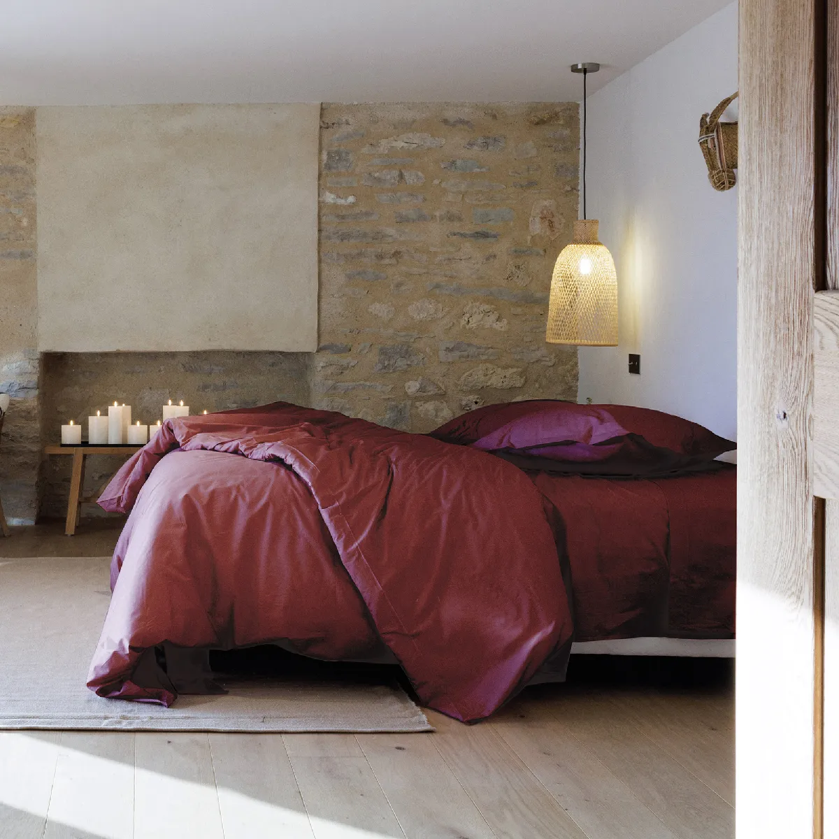 Parure De Lit 140x200 Cm Set 65x65 Cm Percale Manoir Rouge Carmin