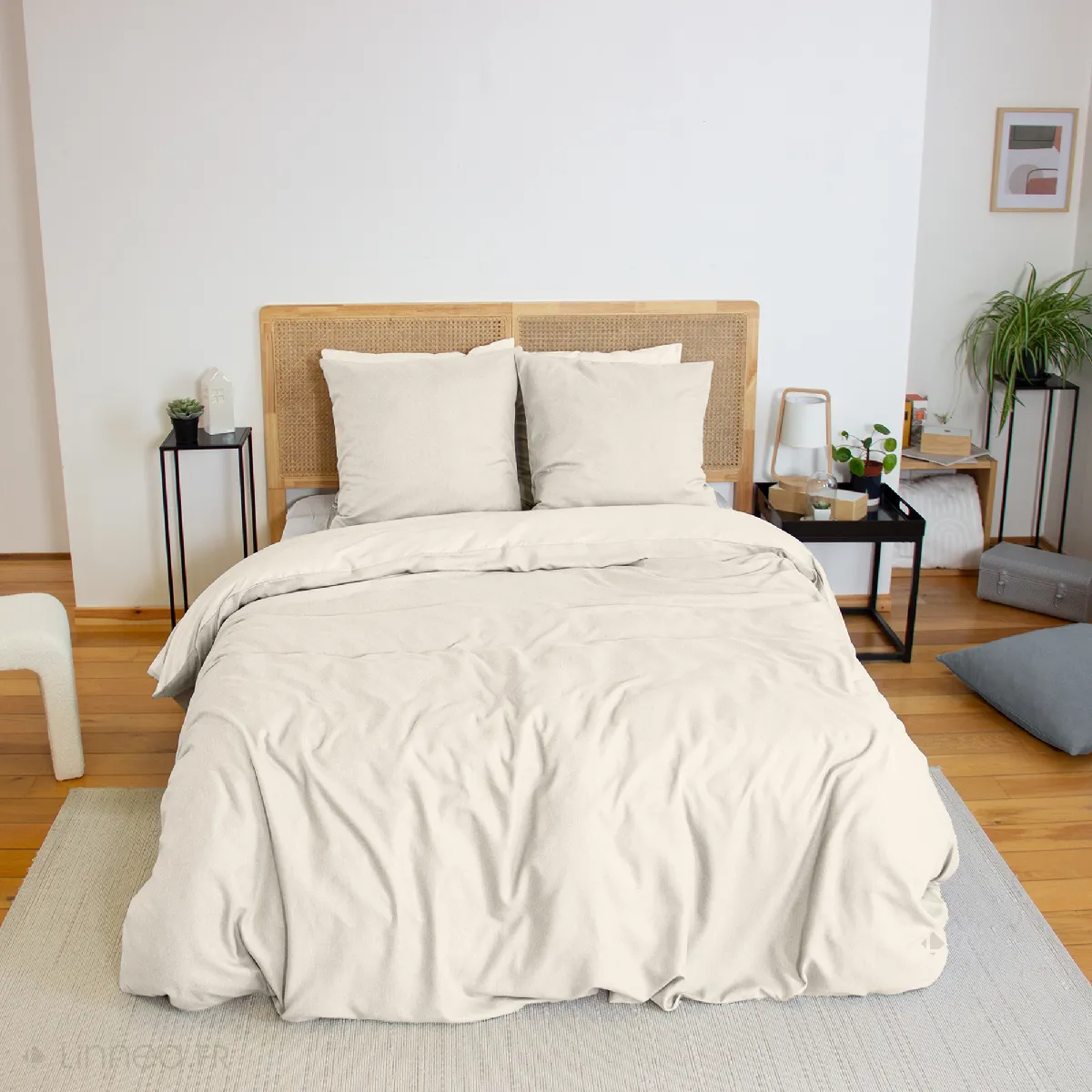 Parure De Lit 3 Pièces 240x220 Cm Microfibre Sensation Flanelle Beige