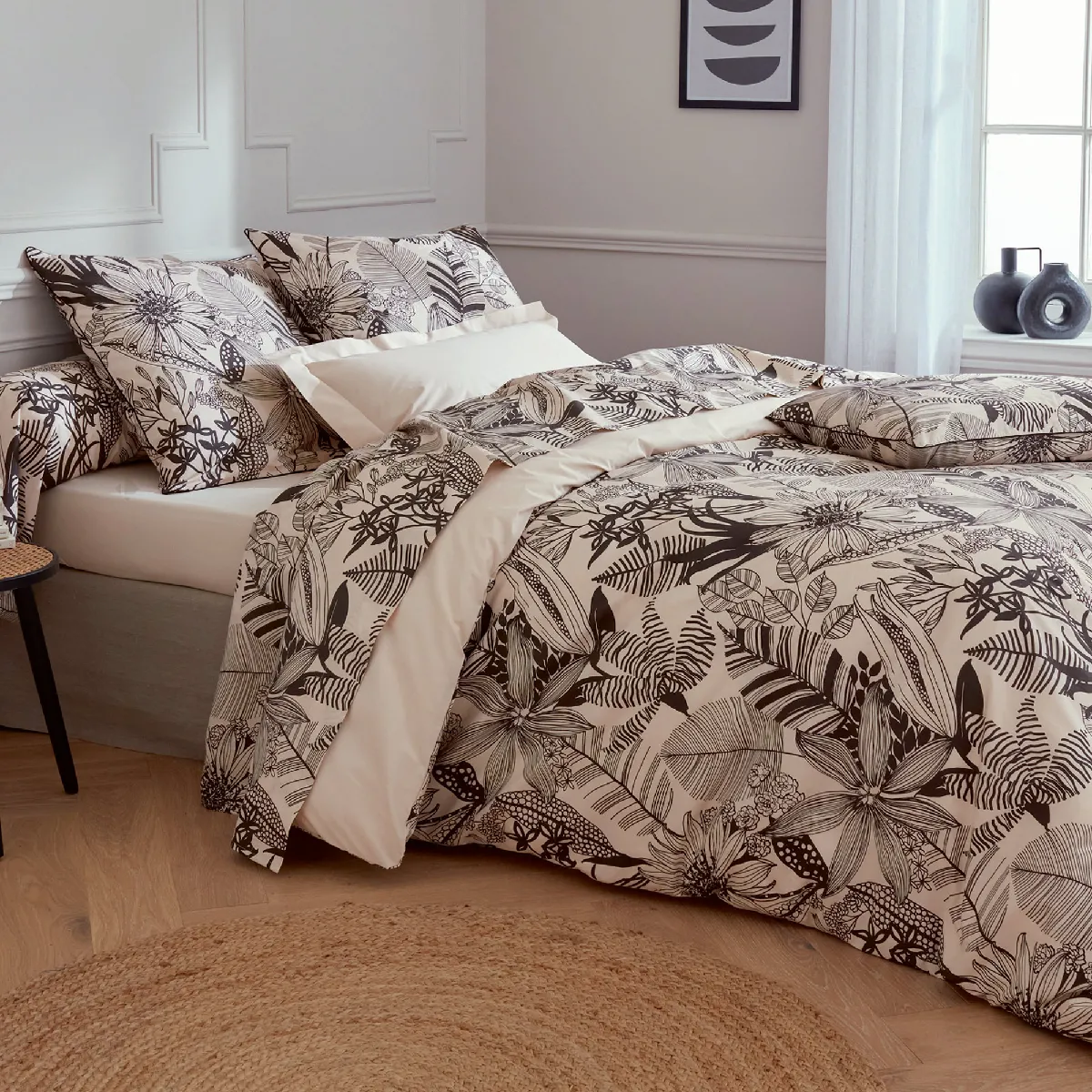 Parure De Lit 280x240 Cm Taies 50x70 Cm Percale De Coton Alba Beige/noir 3 Pièces