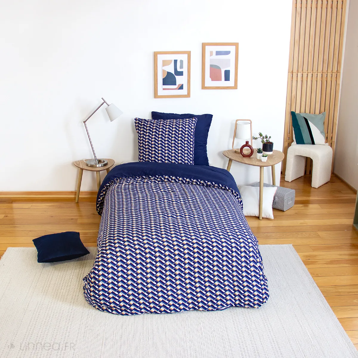 Parure De Lit 140x200 Cm En Microfibre Loss Bleu Foncé Motif Géométrique 2 Pièces