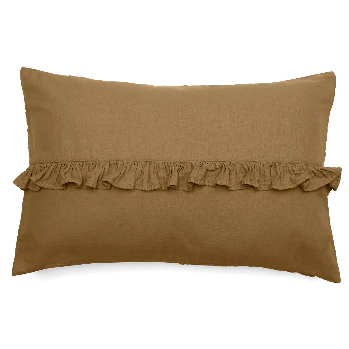 Housse De Coussin En Mousseline De Coton Volant Central 40x60 Elza Marron Foin