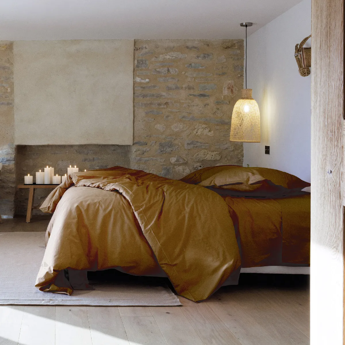 Parure De Lit 260x240 Cm Set 65x65 Cm Percale Manoir Marron Cognac