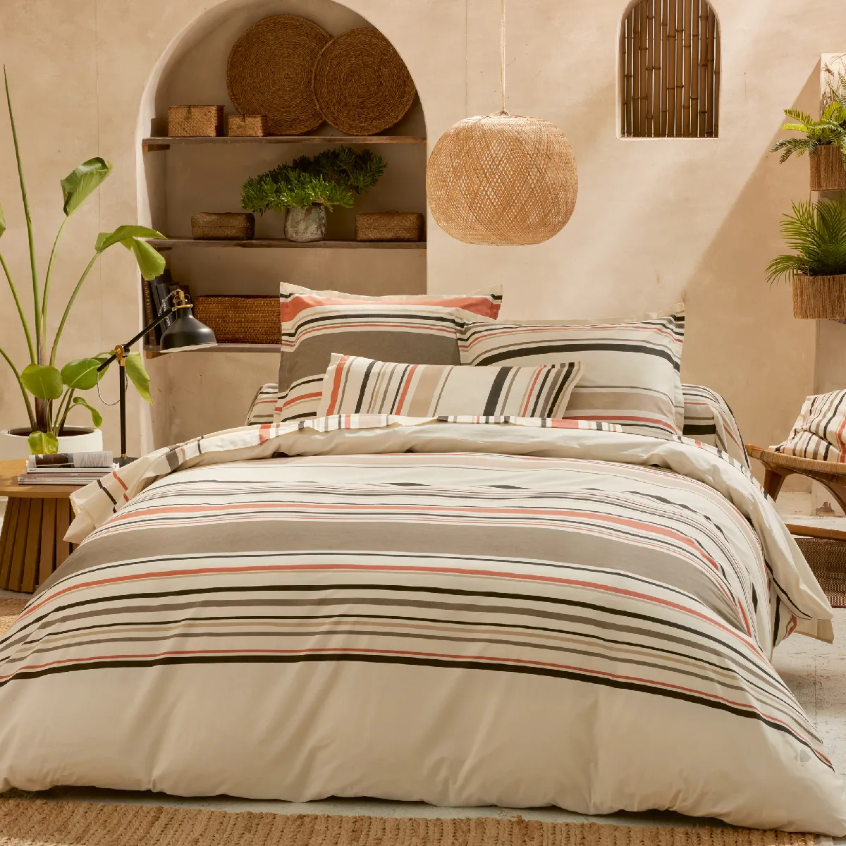 Parure De Lit 2 Pièces: Housse 140x200 Cm Et Taie 50x70 Cm Coton Hugo Beige/corail