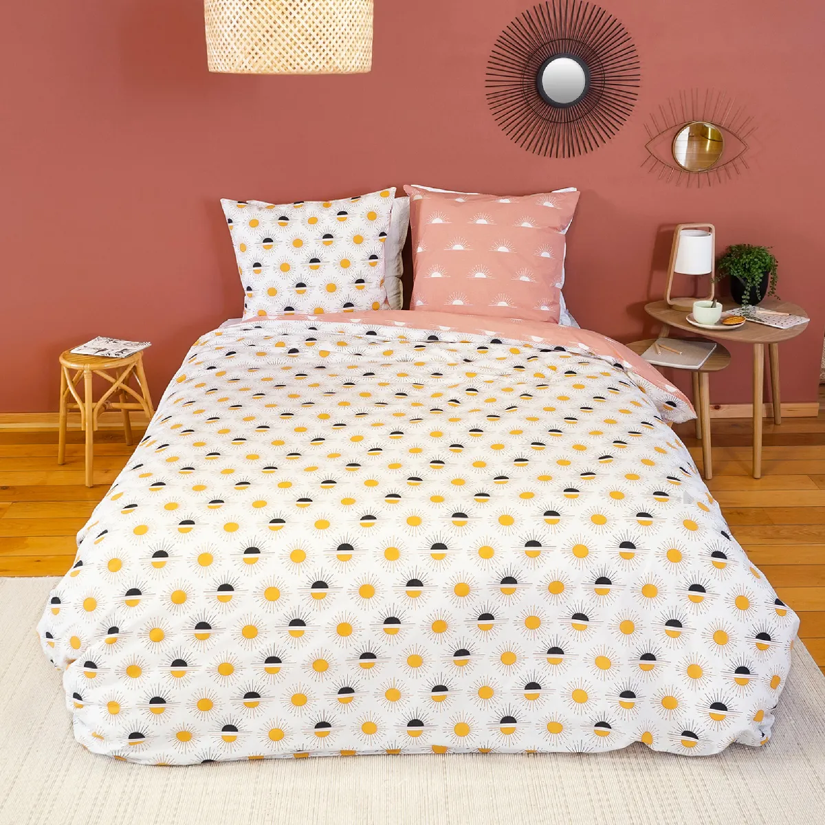 Parure De Lit Terramea 240x220 Cm Pur Coton Blanc Motifs Solaires 3 Pièces