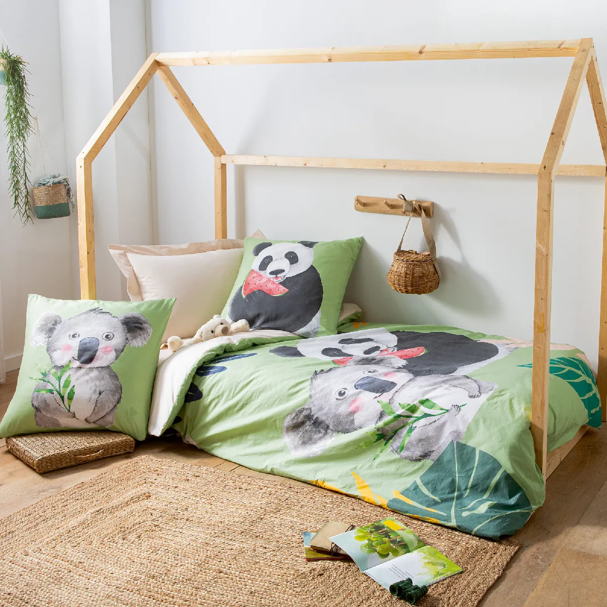 Parure De Lit 200x200 Cm 65x65 Cm Percale De Coton Panda Vert 3 Pièces