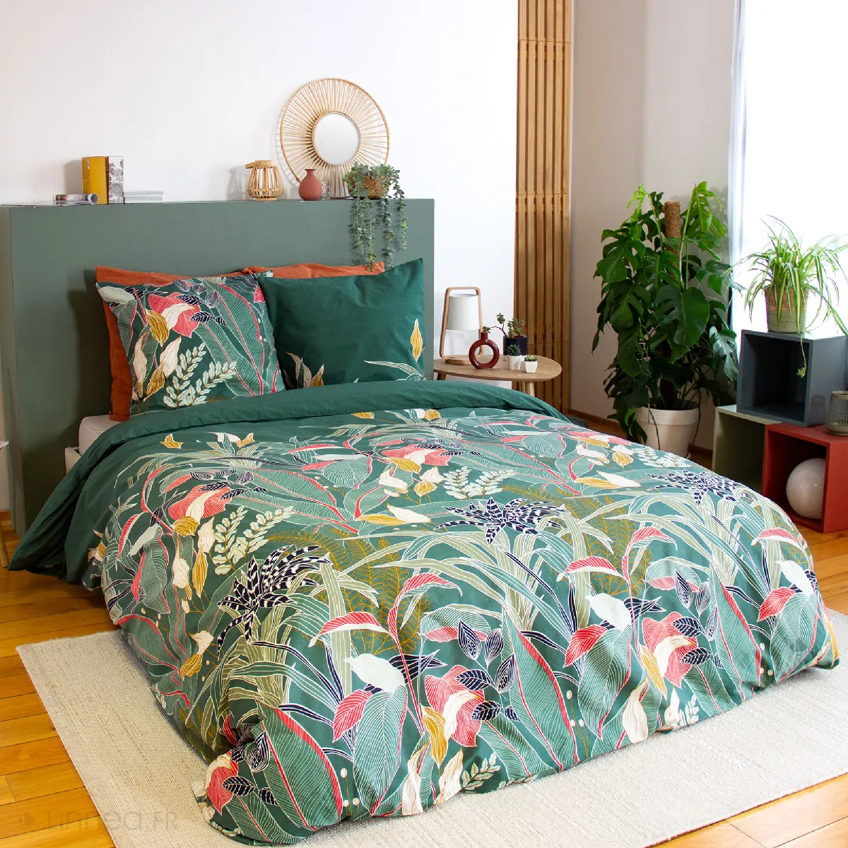 Parure De Lit 240x220cm En Coton Gigajung Vert Motif Tropical 3 Pièces