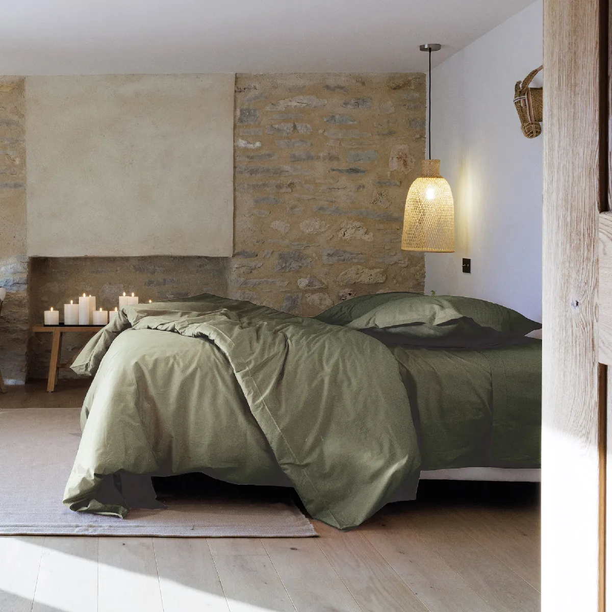 Parure De Lit 200x200 Cm Set 65x65 Cm Percale Manoir Vert Mousse
