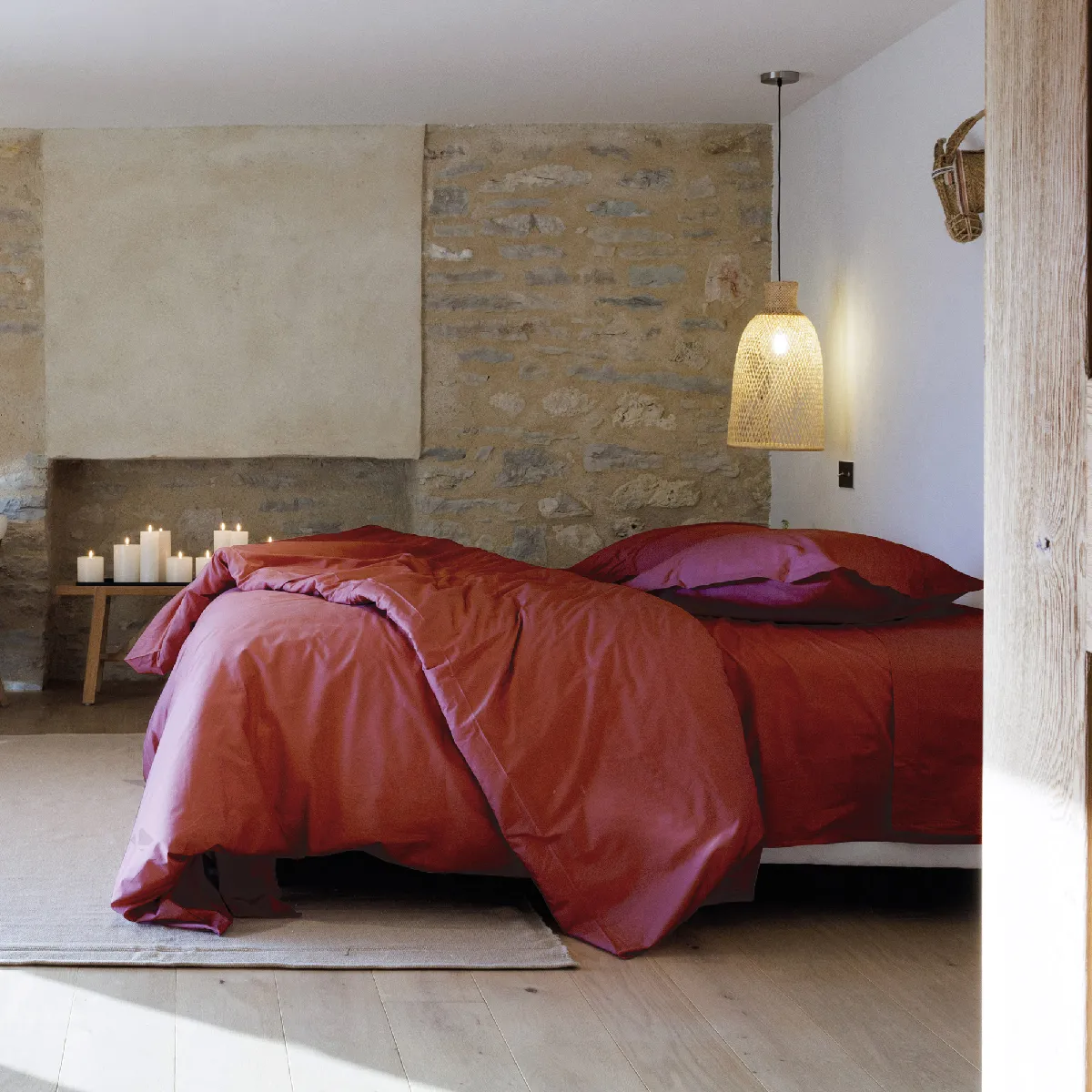 Parure De Lit 260x240 Cm Set 65x65 Cm Percale Manoir Rose Pêche