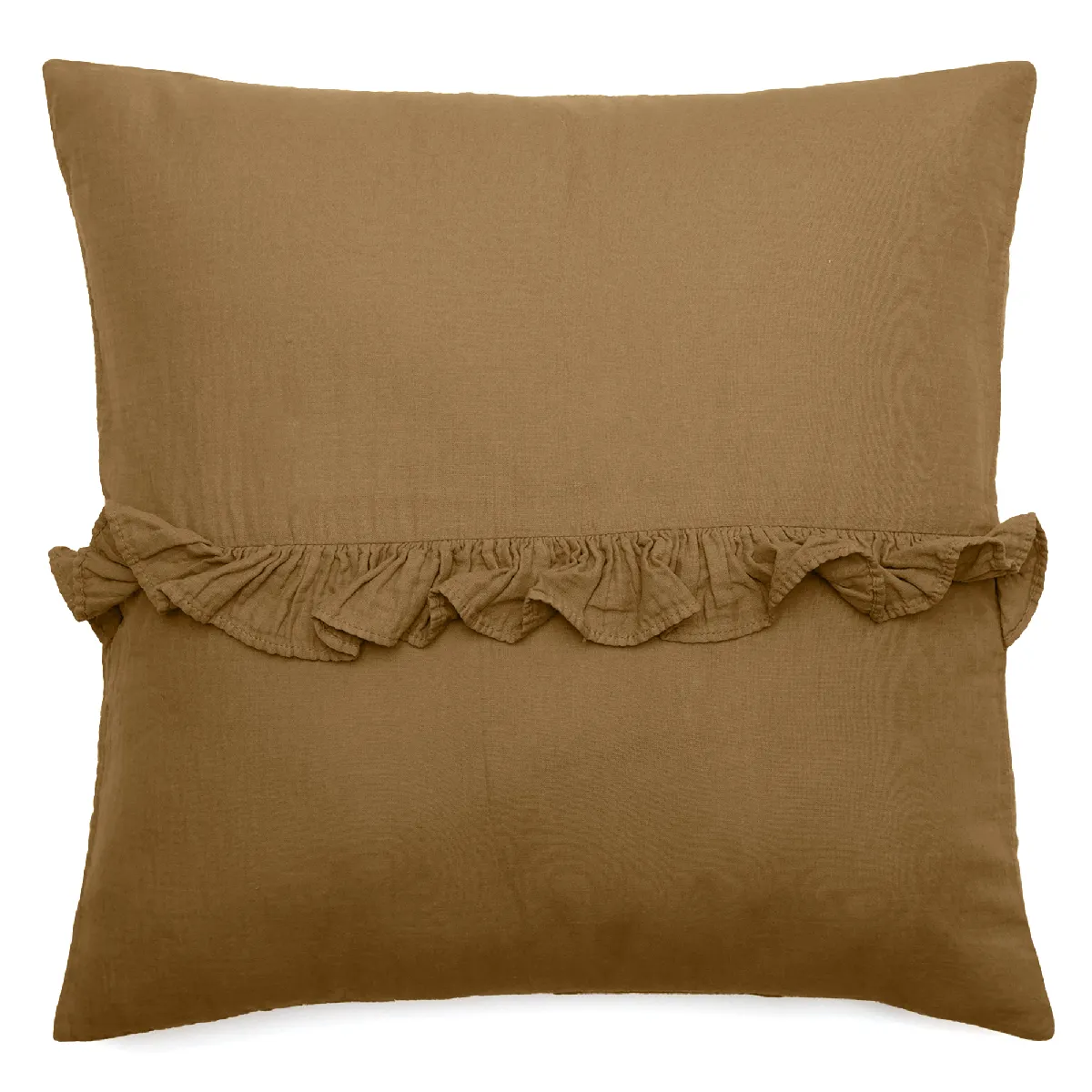 Housse De Coussin En Mousseline De Coton Volant Central 45x45 Elza Marron Foin