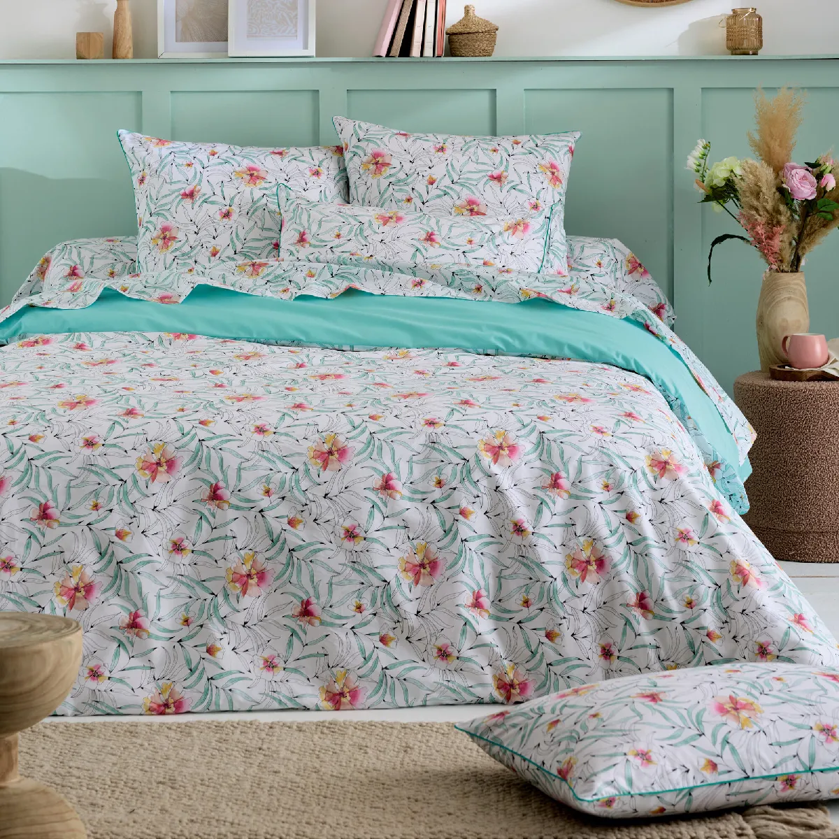 Parure 200x200 Cm 65x65 Percale De Coton Roxane Multicolore 3 Pièces
