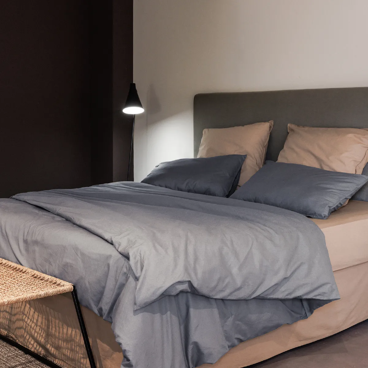 Parure De Lit 240x220 Cm Et 65x65 Cm Coton Lavé Palace Gris Acier 3 Pièces