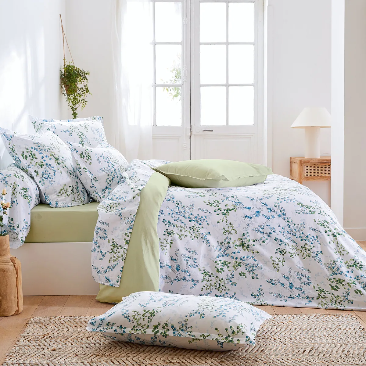 Parure De Lit 140x200 Cm Satin De Coton Angèle Vert Tilleul 2 Pièces Taies 50x70 Cm