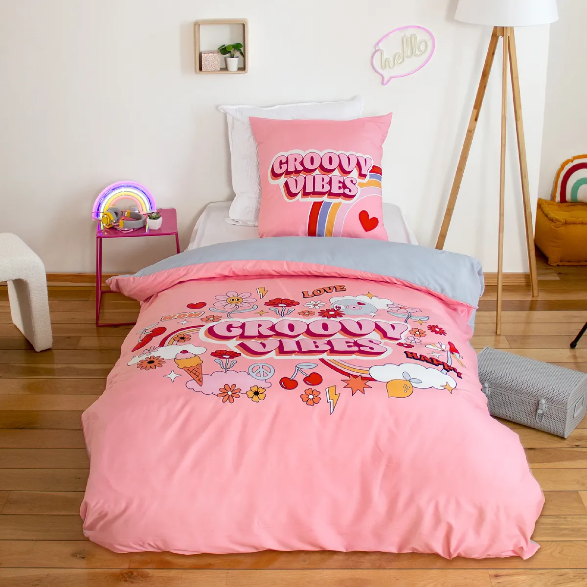 Parure De Lit Enfant Groovy Vibes 140x200 Cm En Microfibre Rose 2 Pièces