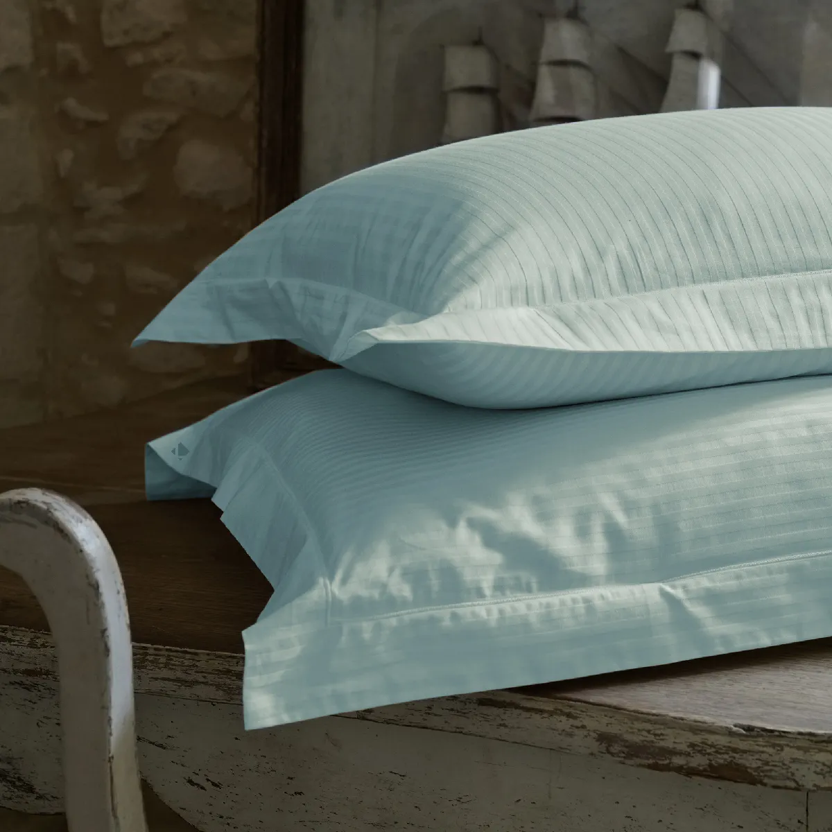 Parure De Lit 240x220 Cm Set 50x70 Satin Concerto Rayures Vert Lichen