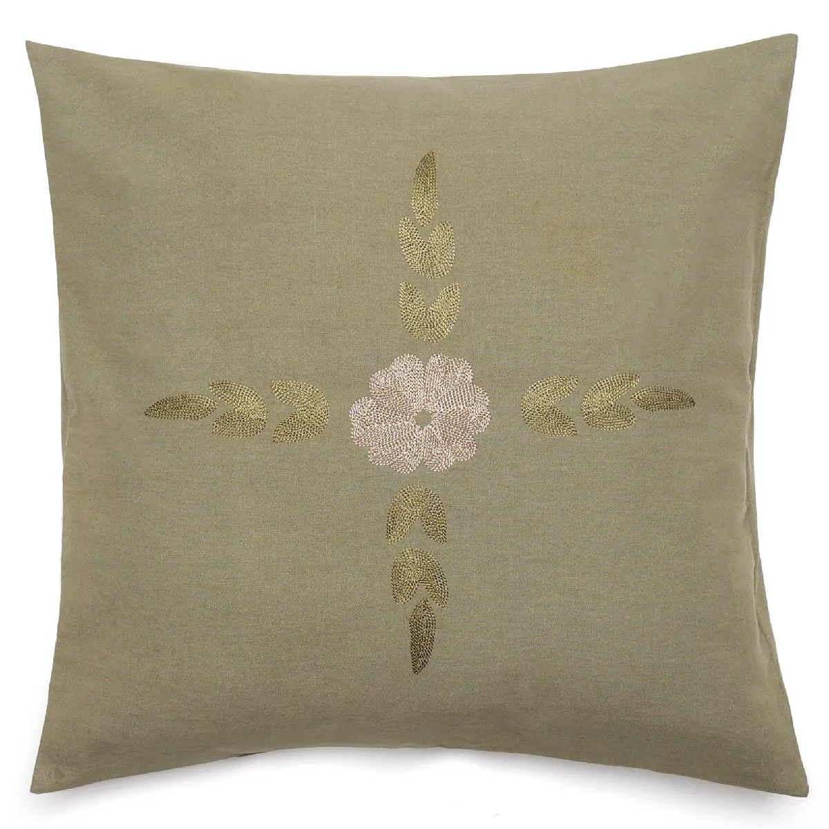 Housse De Coussin 50% Lin 50% Coton 45x45 Cm Leonie Vert Mousse Broderie Bouquet