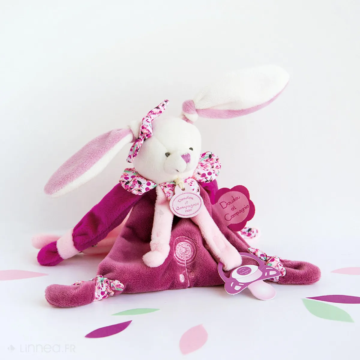 Doudou Attache-sucette Lapin 17 Cm Collection Lapin Cerise Rose