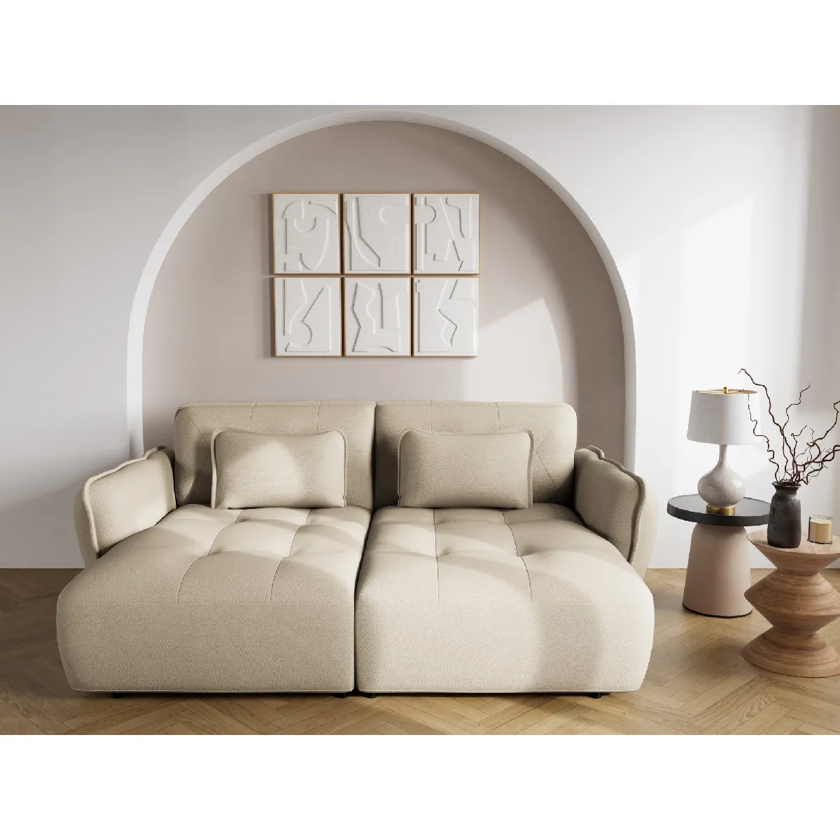 Thais - canapé droit 4 places avec double méridienne assise profonde en tissu texturé - Lisa Design