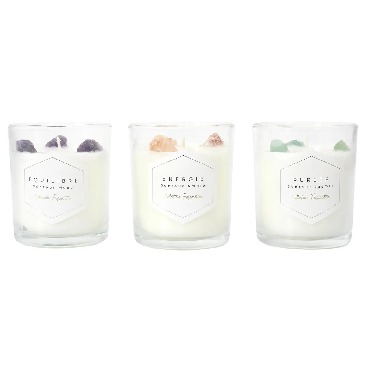 Lot De 3 Bougies Parfumées Avec Pierres 35h Fascination À La Cire De Paraffine