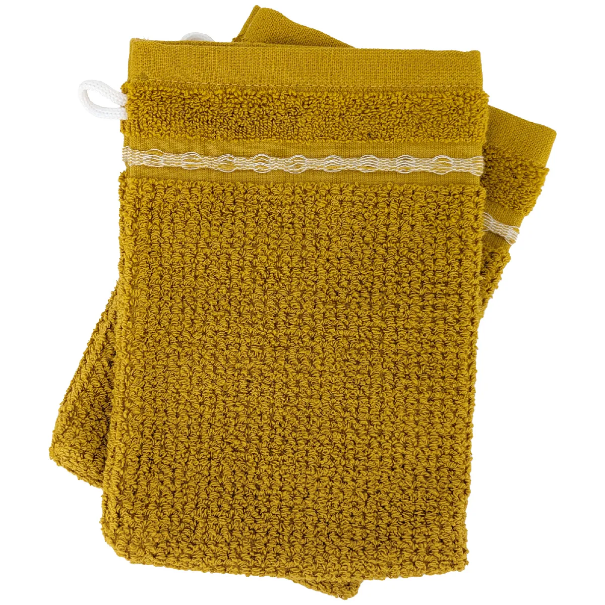 Lot De 2 Gants De Toilette 16x21 Cm Pur Coton Intense À Bordures Blanches Jaune
