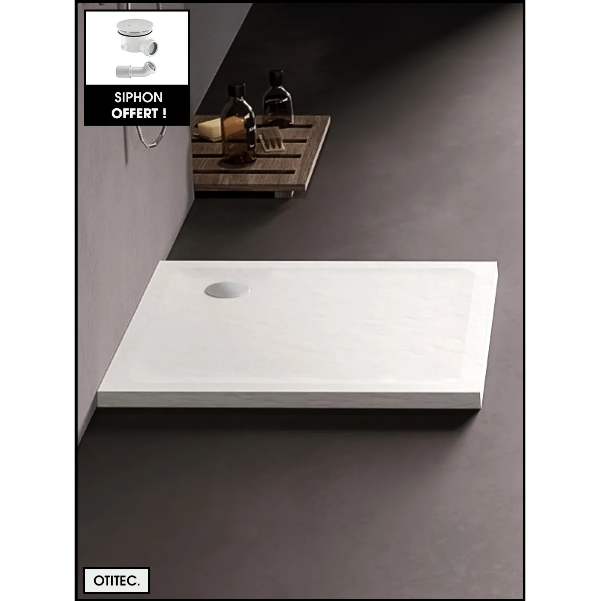 Receveur de Douche Carré - 80 x 80 x 4,5 cm - Blanc Effet Pierre - avec Siphon OFFERT - MOON STONE