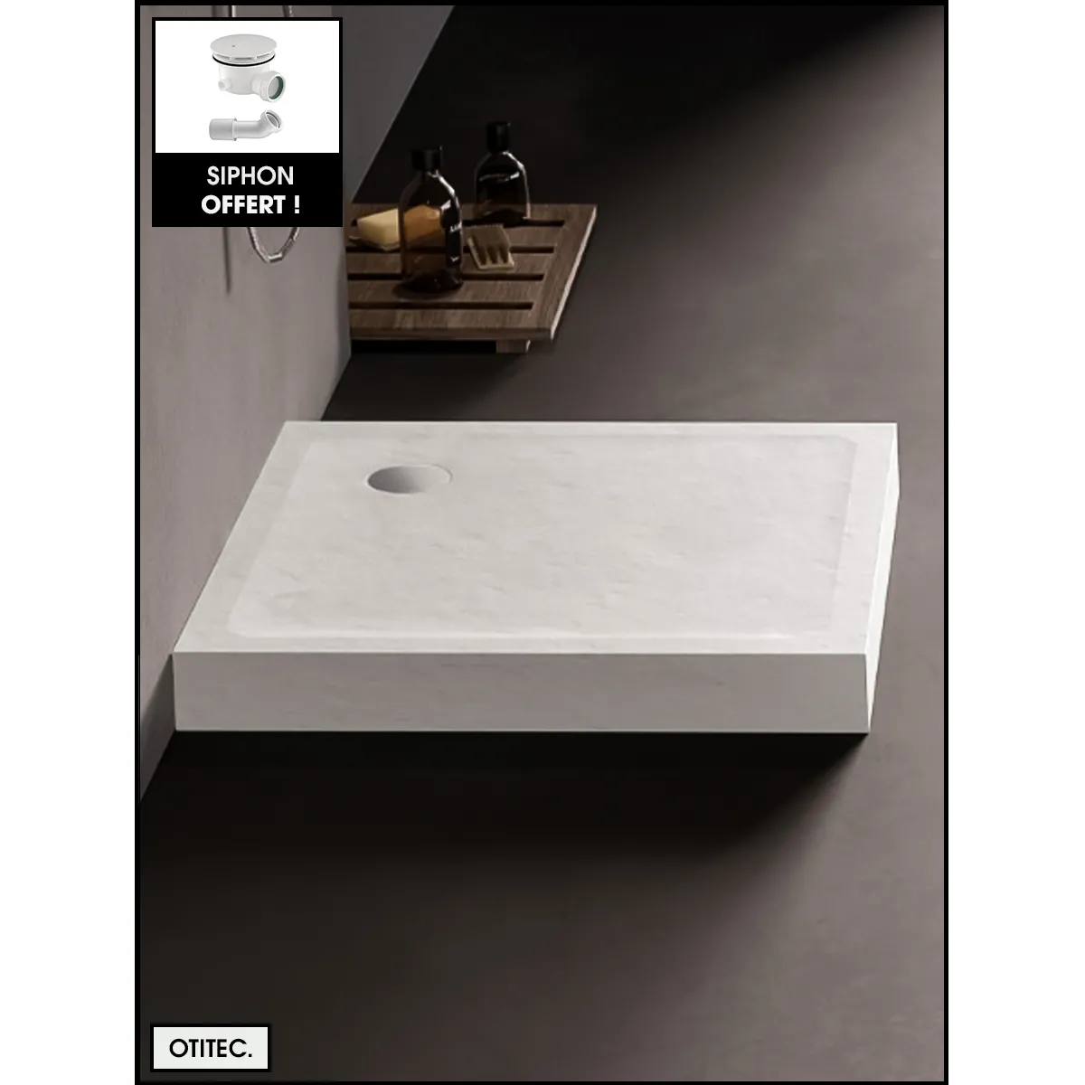 Receveur de Douche Carré - 80 x 80 x 11,5 cm - Blanc Effet Pierre - avec Siphon OFFERT - MOON STONE