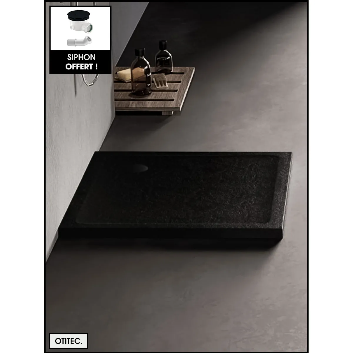 Receveur de Douche Carré - 80 x 80 x 11,5 cm - Noir Effet Pierre - avec Siphon OFFERT - MOON STONE