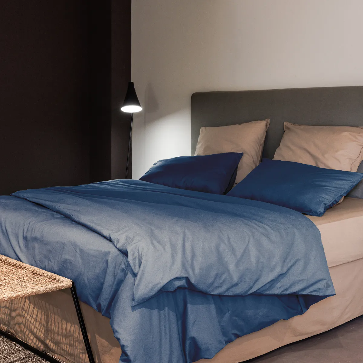 Parure De Lit 140x200 Cm Et 65x65 Cm Coton Lavé Palace Bleu Indigo 2 Pièces