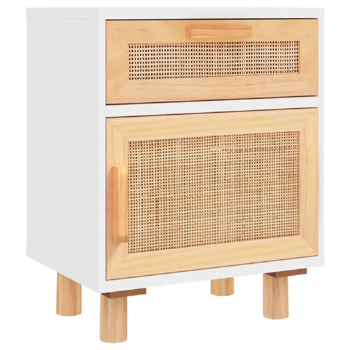 Table De Chevet Avec Tiroir Et Compartiment En Bois De Pin Blanc Et Rotin Dec033434