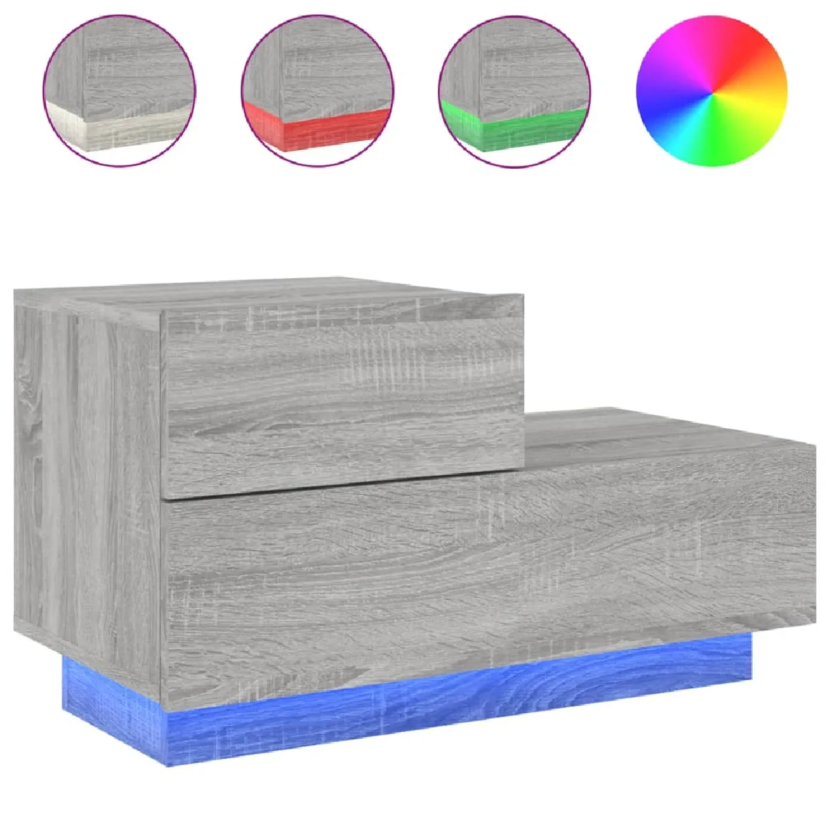 Table De Chevet Avec Lumières Led Et Tiroirs 70x36x40,5 Cm Bois D'ingénierie Gris Dec033200