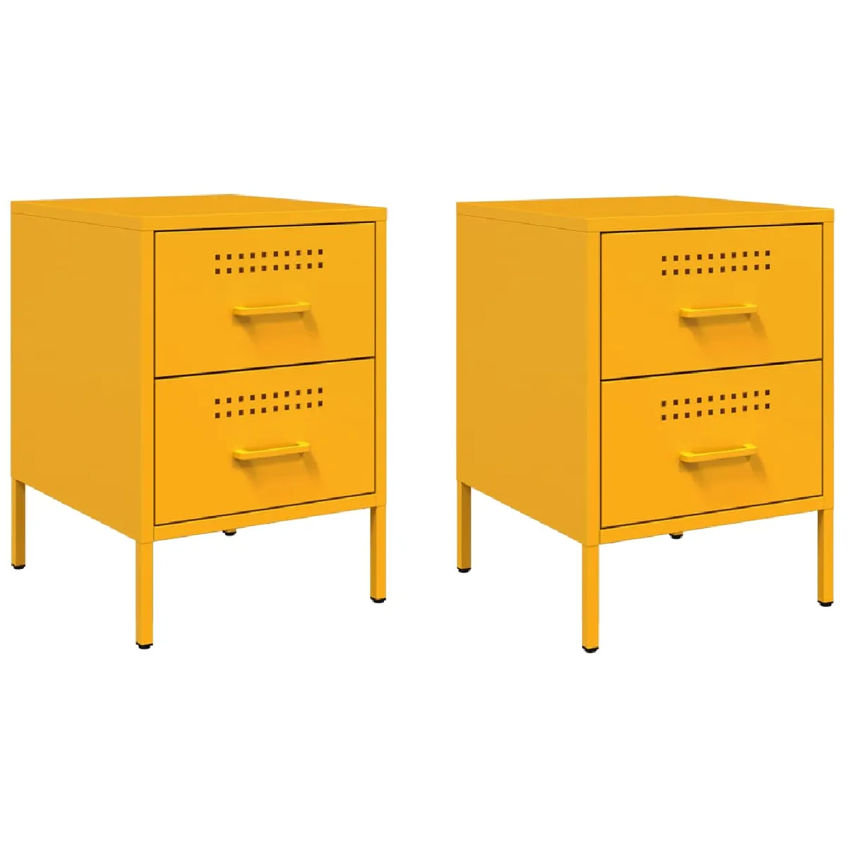 Lot de 2 Tables de Chevet Industrielles avec 2 Tiroirs en Acier Jaune Moutarde 36 x 39 x 50,5 cm