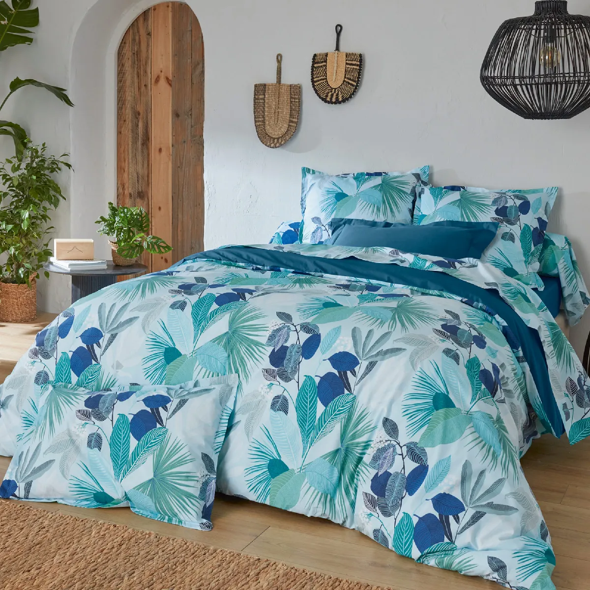 Parure De Lit 240x220 Cm Taies 65x65 Cm Percale De Coton Moorea Pacific Bleu/vert 3