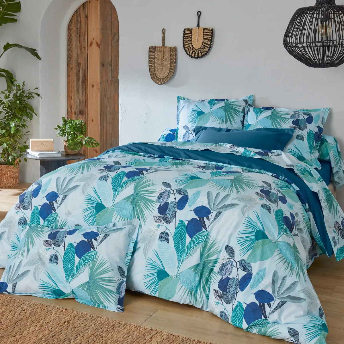 Parure De Lit 280x240 Cm Taies 65x65 Cm Percale De Coton Moorea Pacific Bleu/vert 3