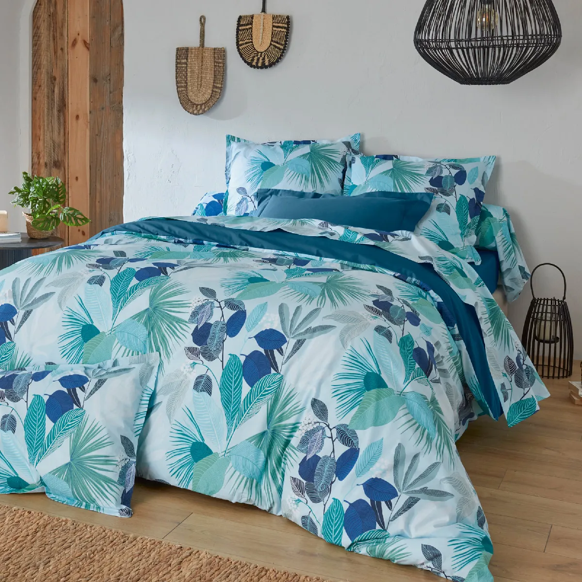 Parure De Lit 300x240 Cm Taies 65x65 Cm Percale De Coton Moorea Pacific Bleu/vert 3