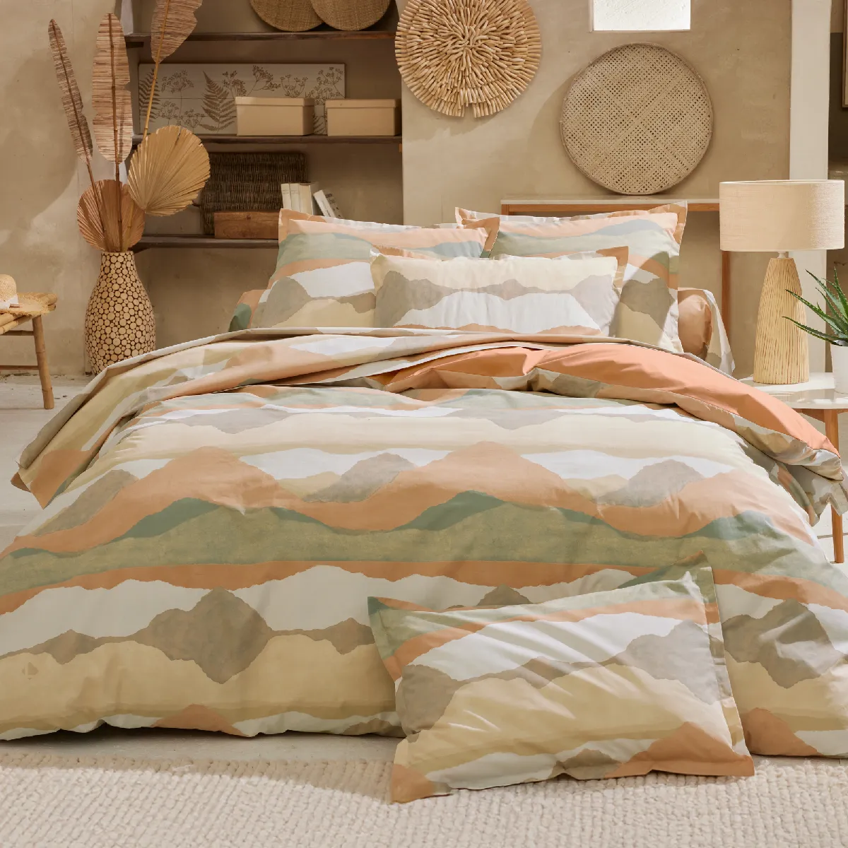Parure 240x220 Cm 65x65 Percale Coton Land Craie Multicolore 3 Pièces