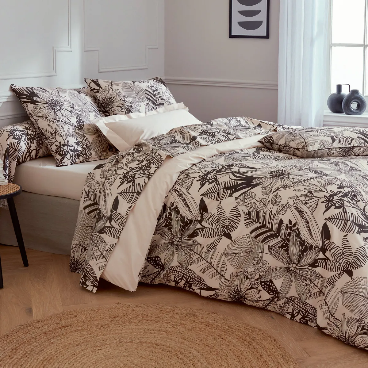 Parure De Lit 260x240 Cm Taies 65x65 Cm Percale De Coton Alba Beige/noir 3 Pièces