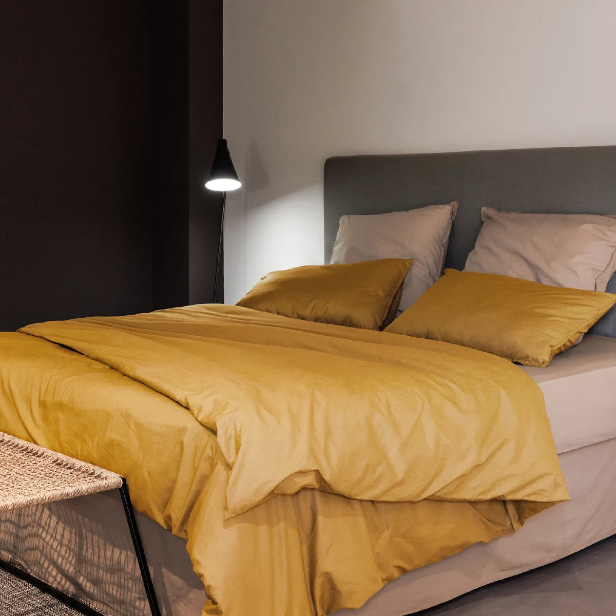 Parure De Lit 260x240 Cm Et 65x65 Cm Coton Lavé Palace Jaune Curry 3 Pièces