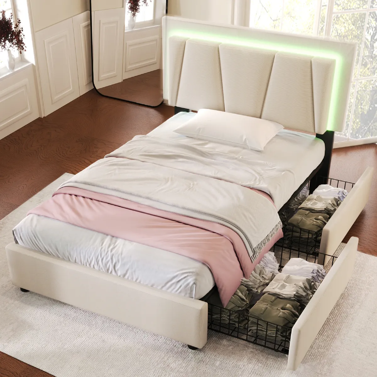 Meuble TV moderne elegance raffinee rangement pratique finition blanche brillante effet bois etageres verre LED integre