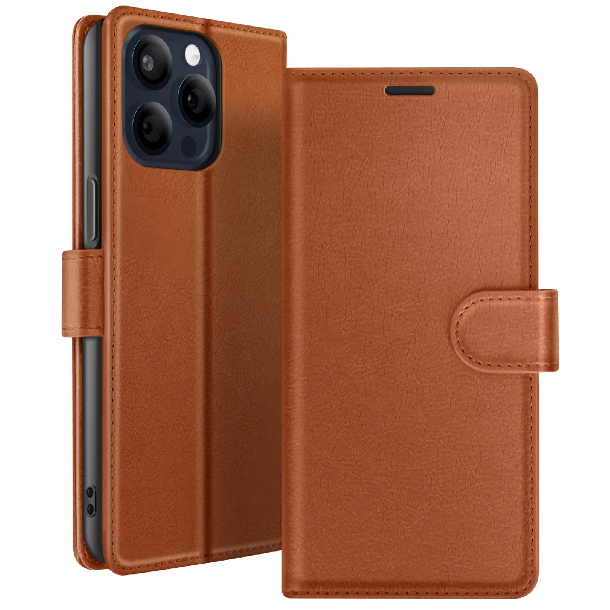 Étui Portefeuille Pour Iphone 15 Pro Max Avec Support Et Languette Magnétique Marron Zanaé