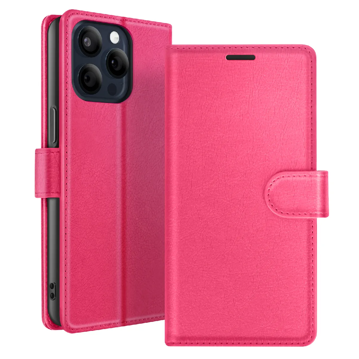 Étui Portefeuille Pour Iphone 15 Pro Fonction Support Et Languette Magnétique Fuchsia Zanaé
