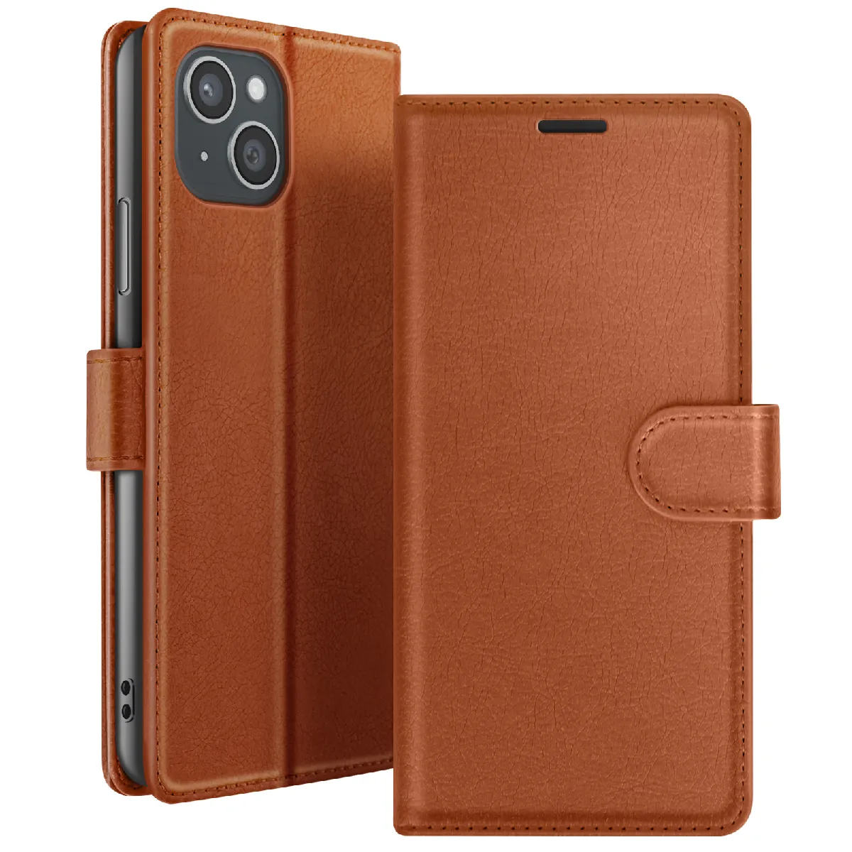 Étui Portefeuille Pour Apple Iphone 15 Plus Support Et Languette Marron Zanaé