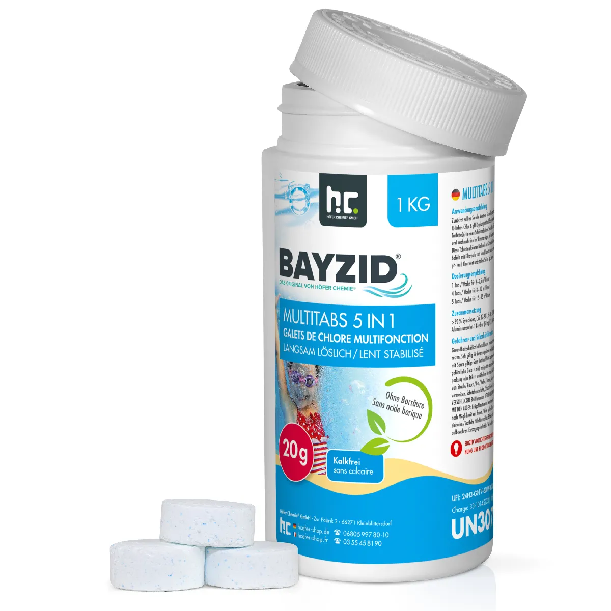 Pastilles De Chlore Multifonction 20g 5 En 1 Bayzid® - Pot De 1 X 1 Kg Pour Entretien Complet Des Piscines