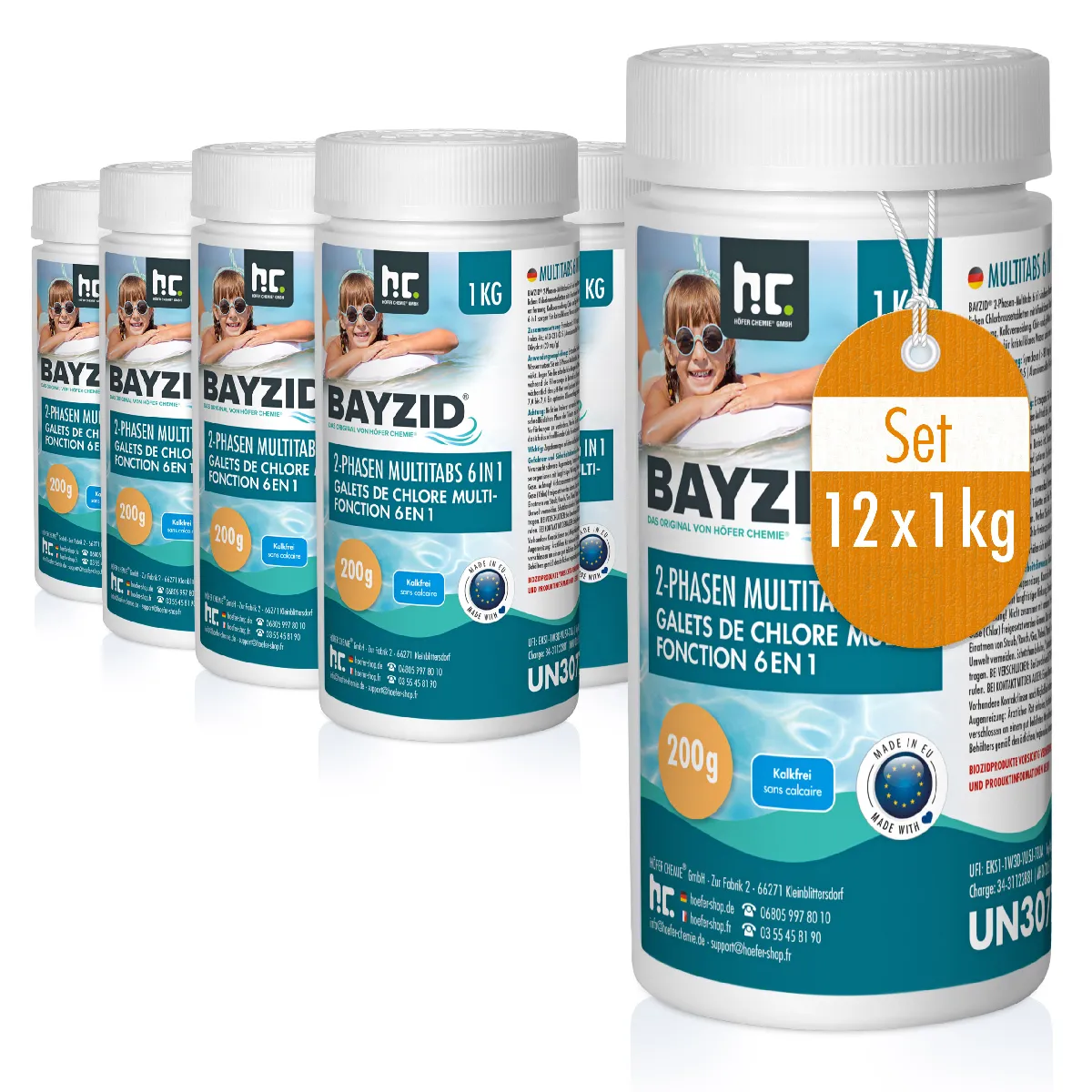 12 X 1 Kg Bayzid® Galets De Chlore Multi-fonction 6-en-1 De 200g - Biphase