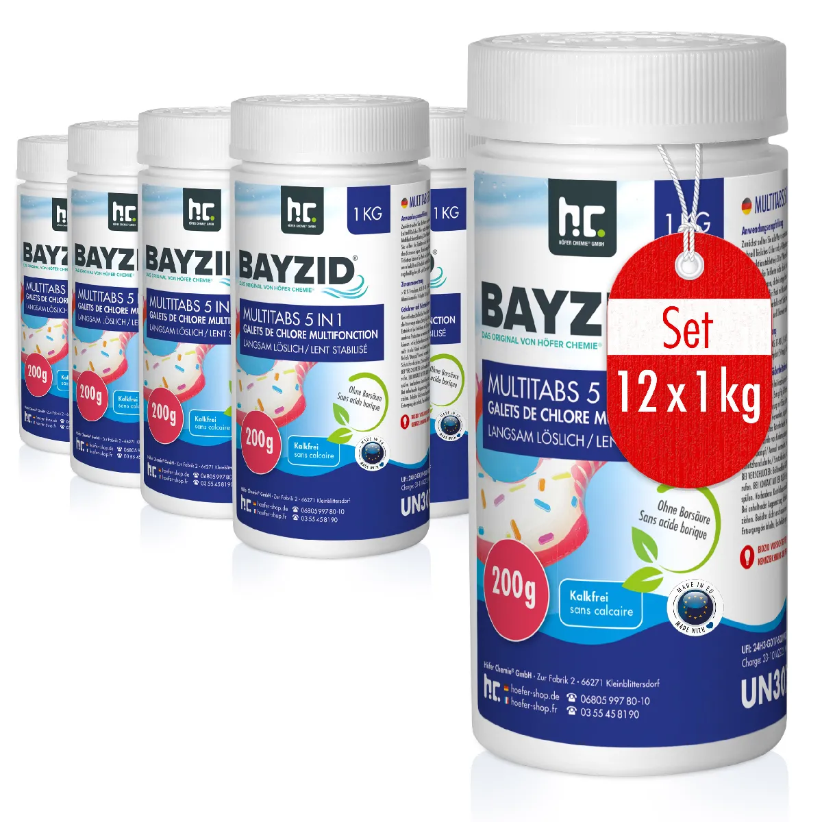12 X 1 Kg Galets De Chlore Multifonction 5 En 1 Bayzid® De 200g En Pot