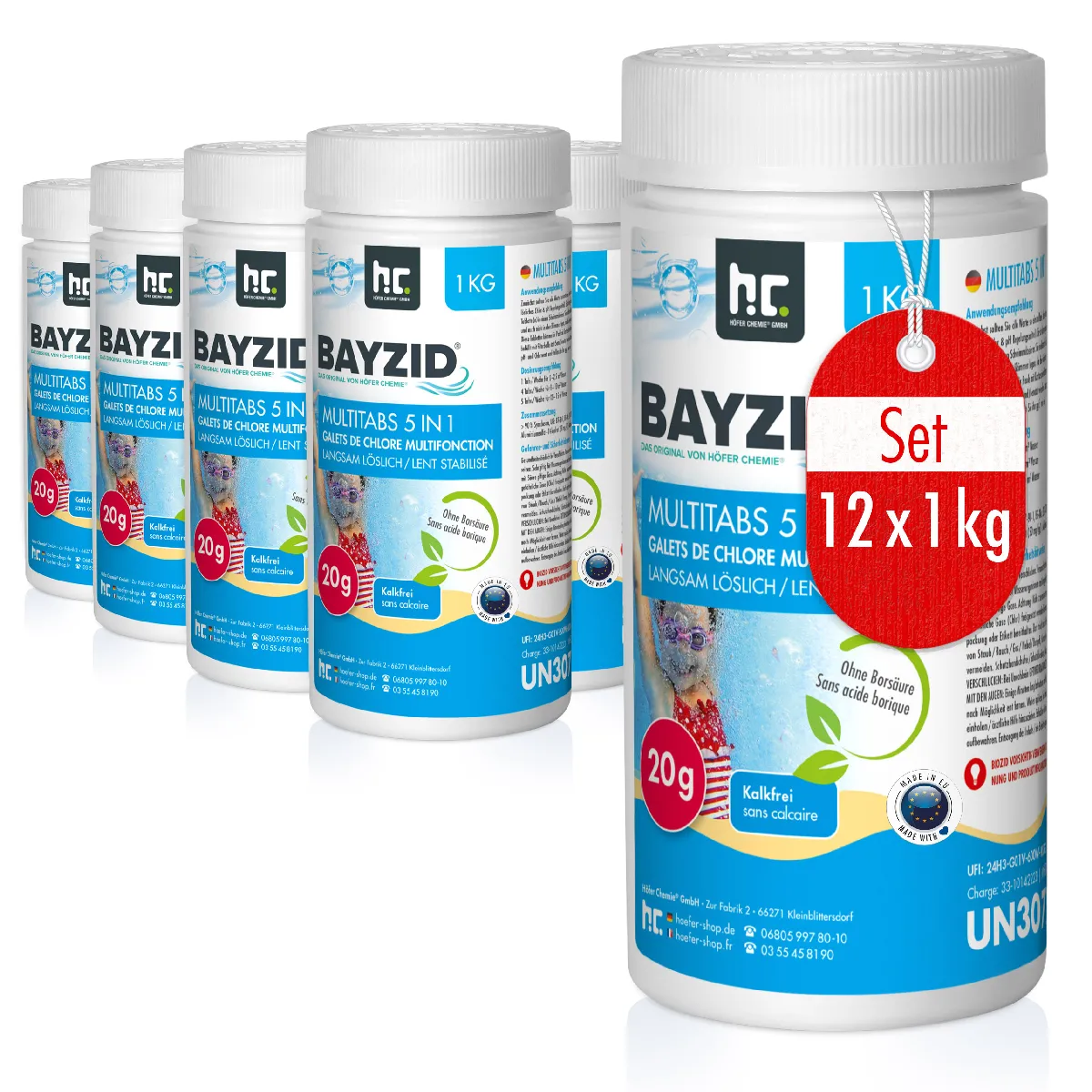 Pastilles De Chlore Multifonction 20g 5 En 1 Bayzid® - Pot De 12 X 1 Kg Pour Entretien Complet Des Piscines