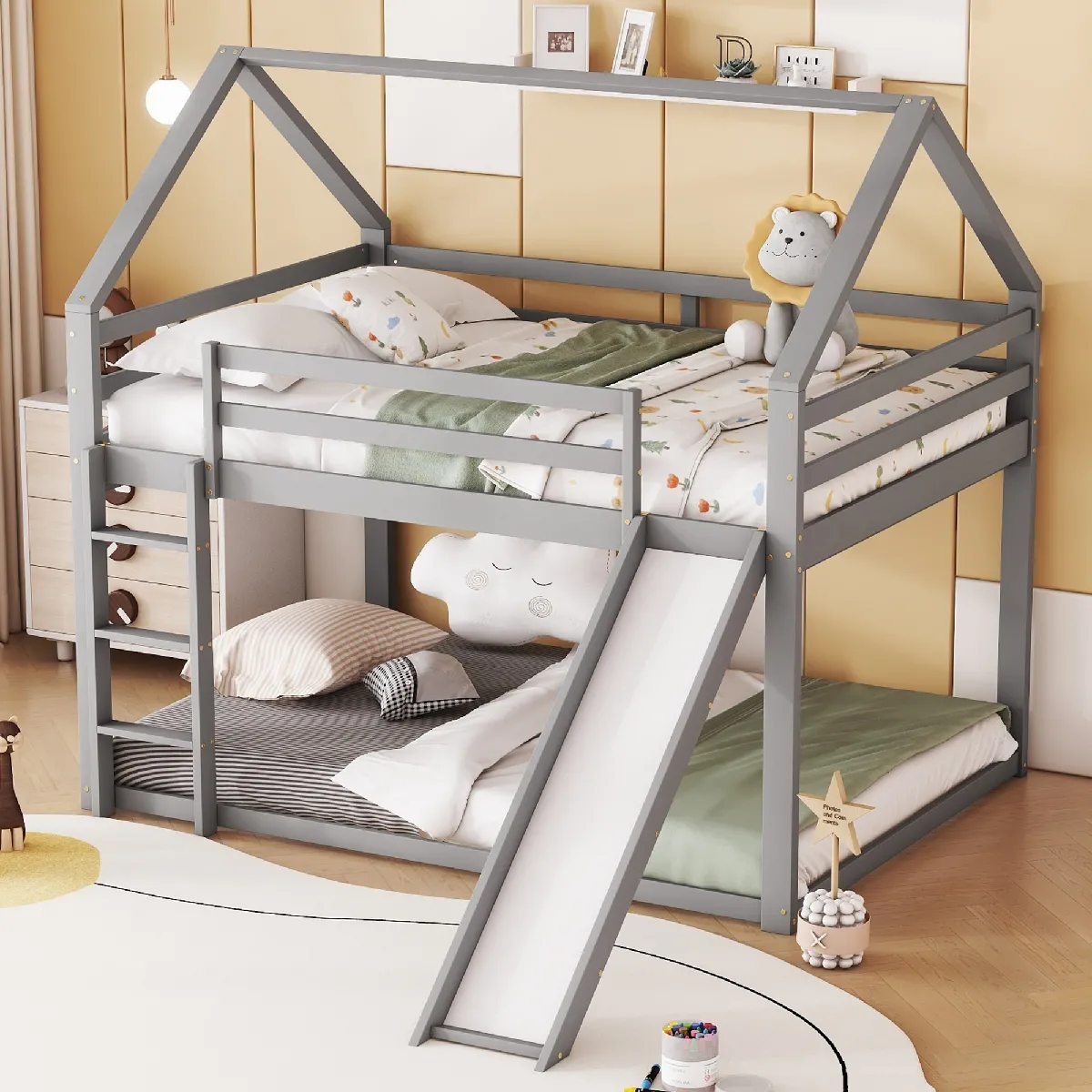 Lit mezzanine métal 140 par 200 cm échelle rangement fenêtre panneaux bois filet barrière étagère cadre métal blanc