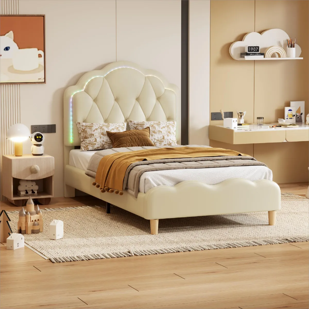 Canapé-lit 140x200 cm en bois massif avec bureau étagères rangement prises deux grands compartiments lit double blanc
