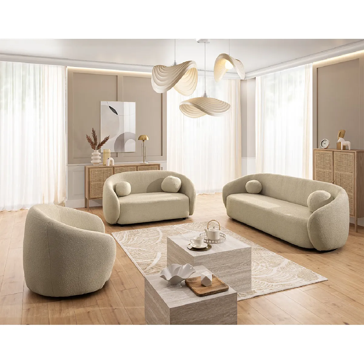 Flore - Canapé droit 3 places en tissu bouclette - Lisa Design