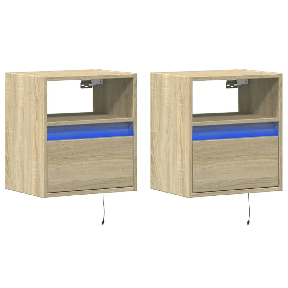 Lot De 2 Tables De Chevet Murales Avec Lumières Led Bois D'ingénierie Couleur Chêne Dec036148
