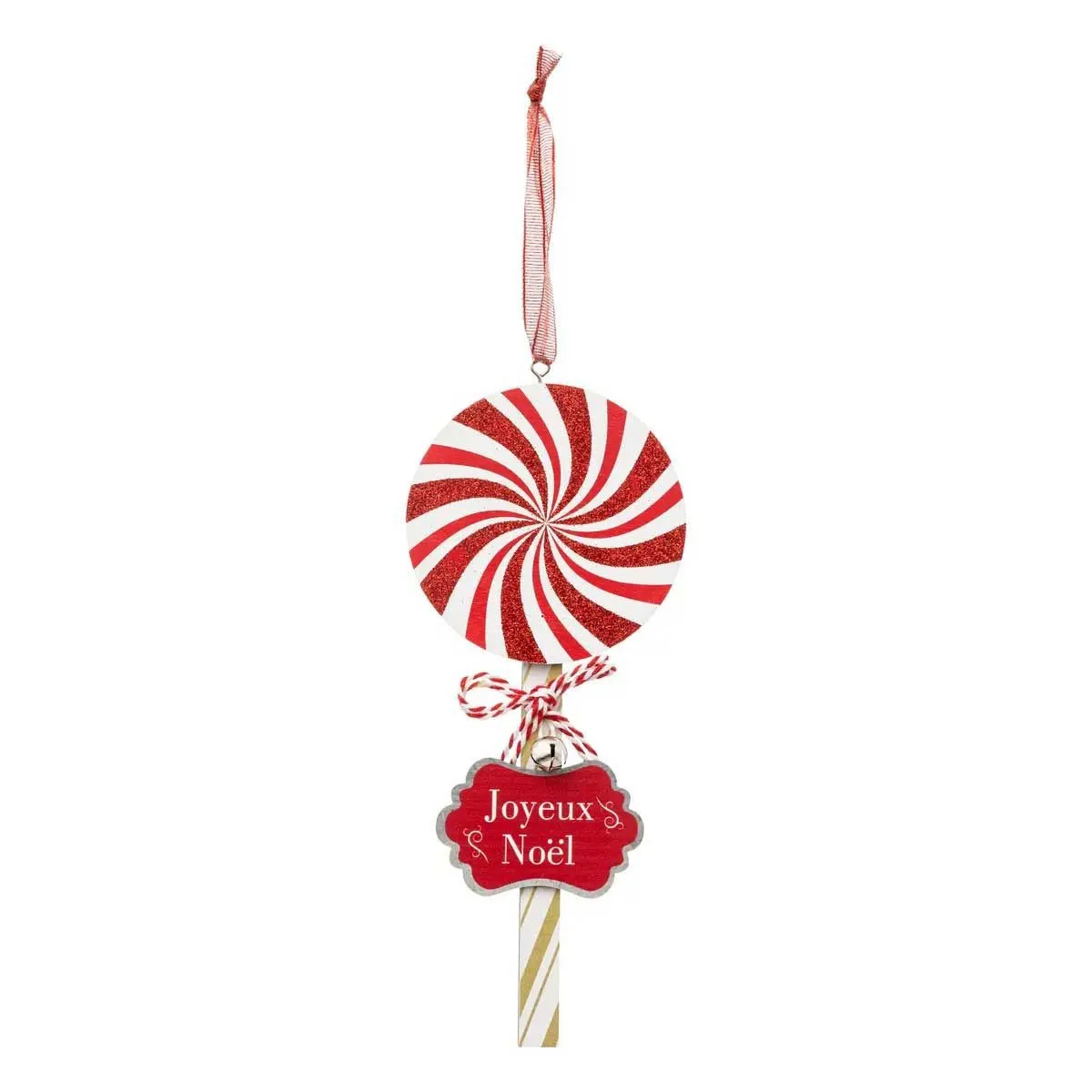 Sujet Bonbon Rond 21cm Bois Rouge Blanc - Feeric Lights & Christmas